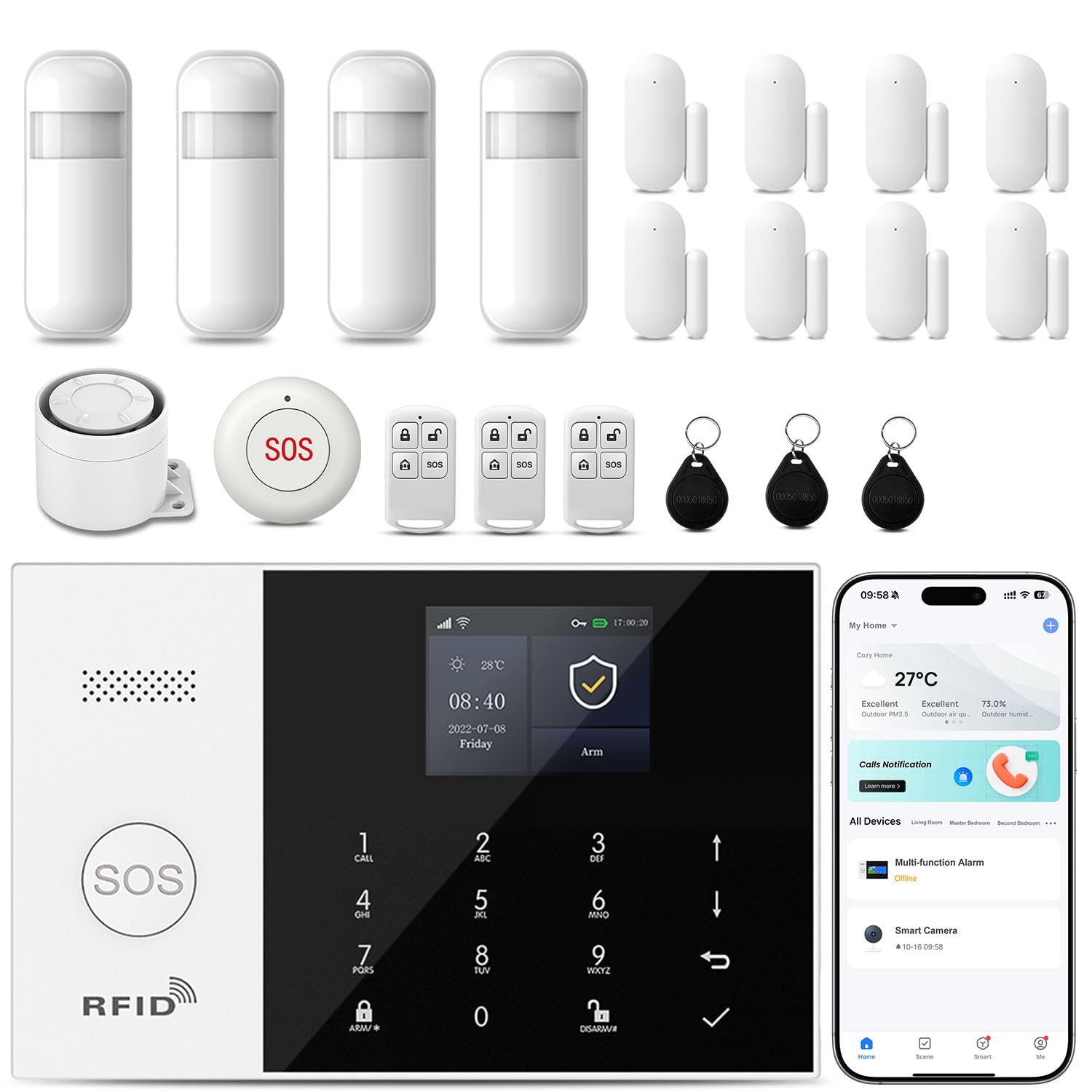 XNY WiFi Alarma para Casa Inteligente, 2G DIY Sistema de Alarma para Seguridad Doméstica Inalámbrico con App, 21 Piezas: Detector de Movimiento,Sensor de Puerta y Ventana, Sirena, Mando a Distancia