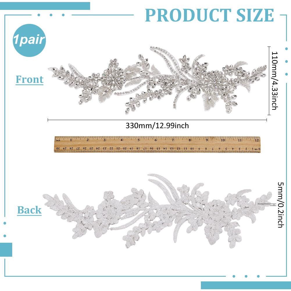 FINGERINSPIRE 1 Paio di Applique in Pizzo con Strass, 330x110x5mm Toppa Ricamata A Mano con Perline in Pizzo e Strass Bianca per Cucire per Abbigliamento Fai da Te e Decorazioni Artigianali