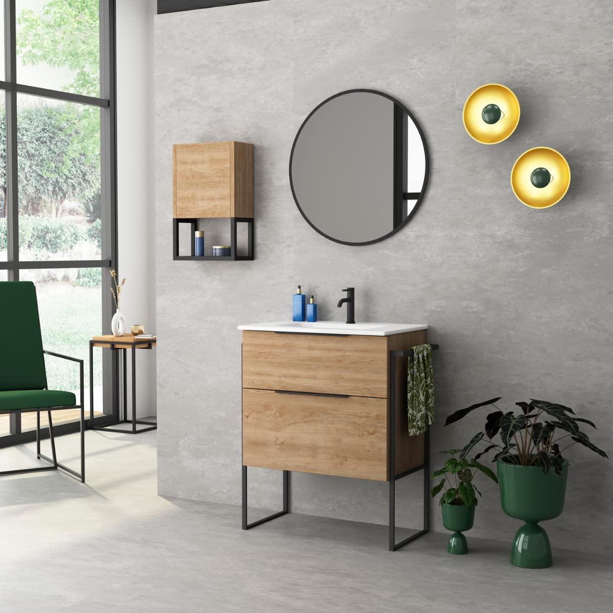 Joker Mueble Auxiliar de Baño Suspendido Cuadrado 1 Puerta con Cierre Amortiguado | Armario Baño Colgante 35cm x 34,9 x 17cm | Roble Natural