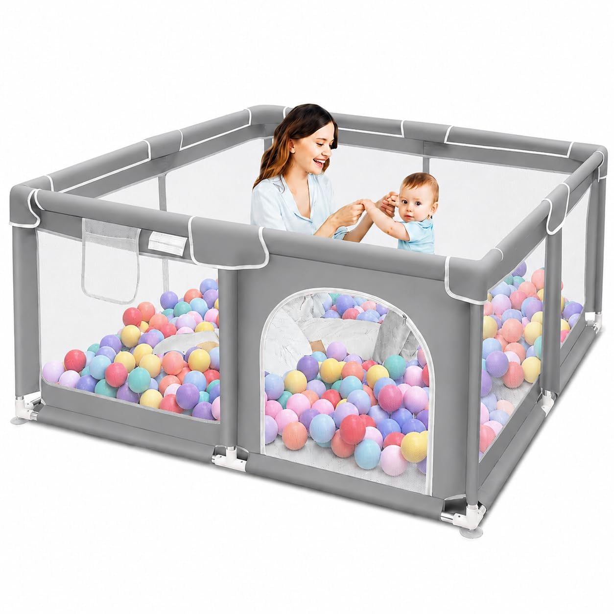 Baby Playpen for Babies & Toddlers | Large Indoor-Outdoor Kids Activity Play Yard with Breathable Mesh Safety Fence | Ball Pit Play Area for 3-10 Years | Easy to Assemble (Grey)-image-2