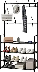 Sapateira Organizador com Cabideiro de Chão e 4 Prateleiras Arara Multiuso Vertical para Roupas, Bolsas e Sapatos (Preto)