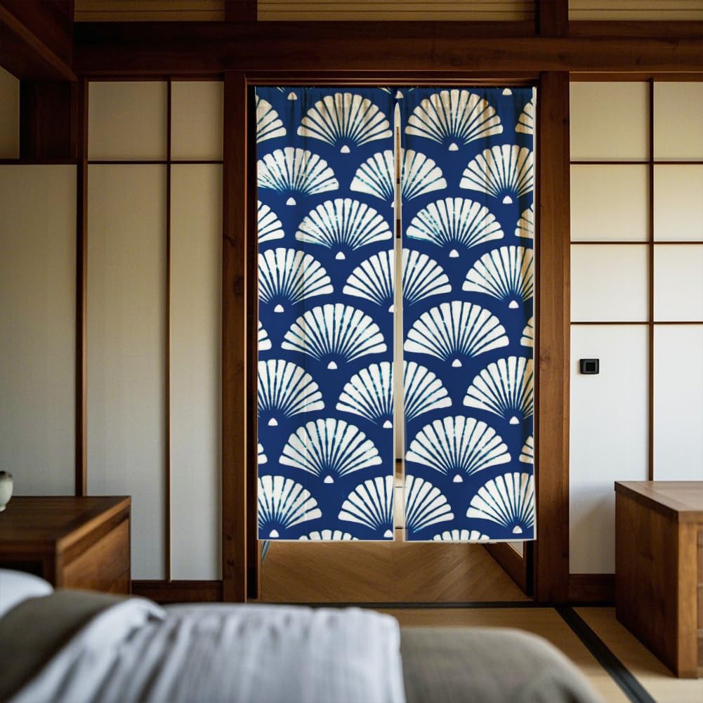 CHGCRAFT Rideau Porte Éventail Blanc pour D'Entrée Style Japonais Rideaux Séparation Pièce à Motif Indigo Rideau de Portes Pliantes pour Placard Chambre à Coucher Salon Porte D'Entrée 59x33 Pouce