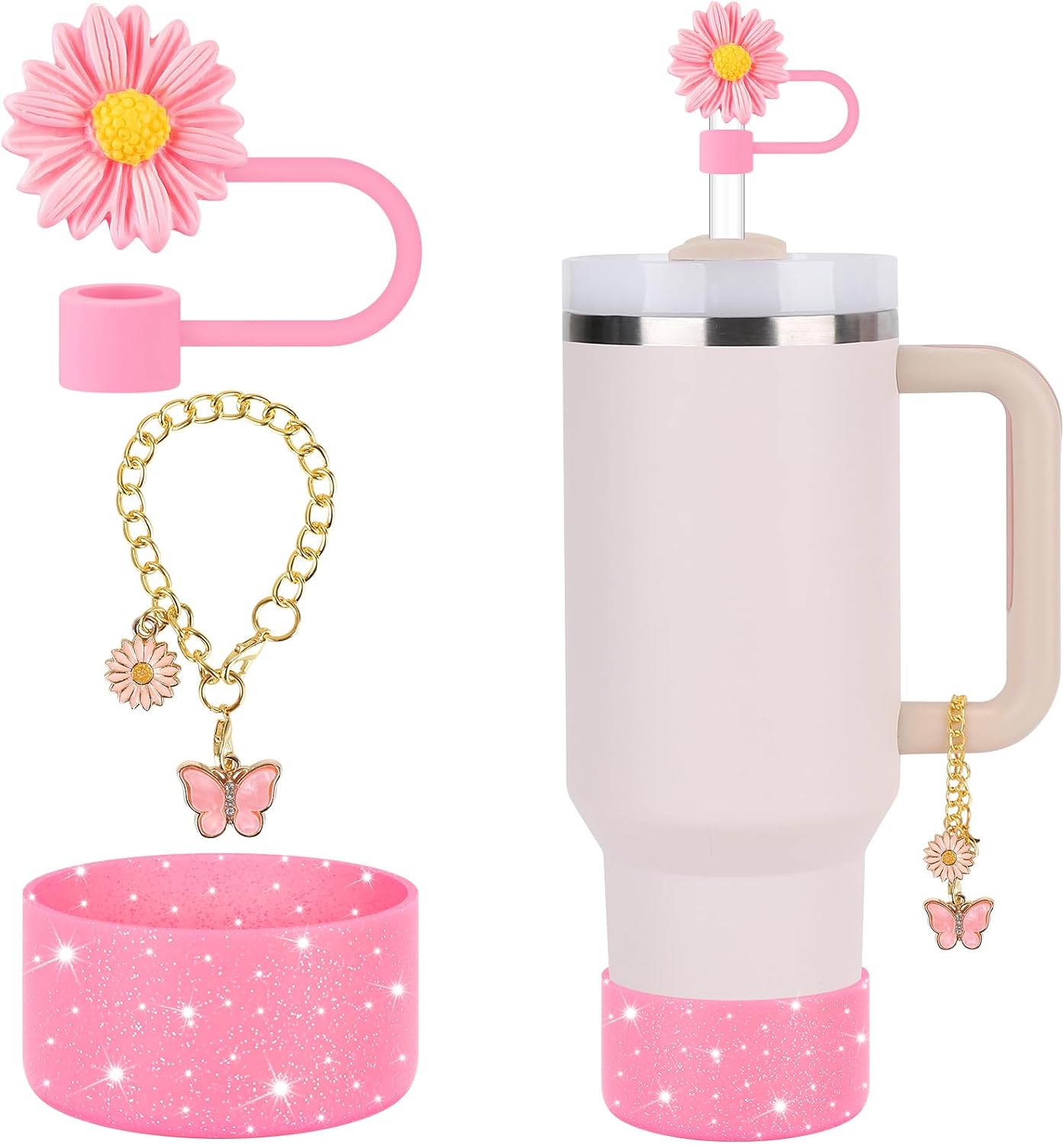 Accmor Silicone Stanley Cup Accessories Set, Silicone Water Bottle Boot for Stanley, 0.4in Flower Straw Cover Cap + Butterfly Charm, Reusable Dust-Proof Straw Toppers Protector for Stanley 30oz & 40oz