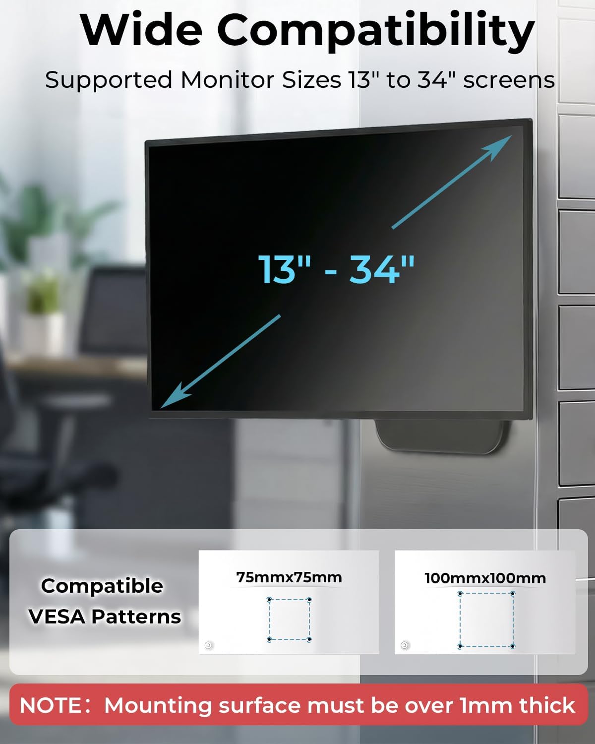 Adjustable Magnetic Monitor VESA Mount for 13" to 34" Portable Monitor Pegboard Mount for Metal Surface with Handle Hold Up to 22LBS 75x75 or 100x100 VESA Monitor Mounting Bracket with Pen Holder