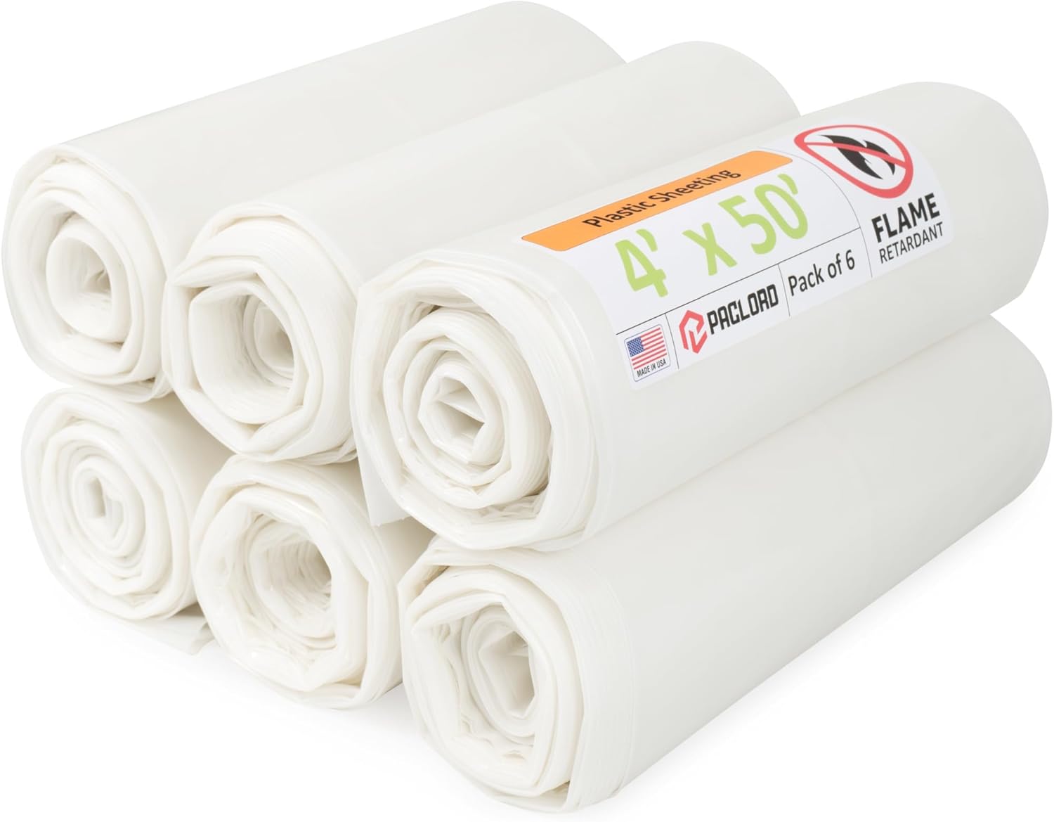 Flame Retardant Plastic Sheeting 4' x 50' (1200 Sq Ft), Pack of 6 – USA-Made Heavy-Duty 4 mil LDPE Plastic Tarp for Welding, Painting & Construction – Fire-Rated, Waterproof, Tear-Resistant