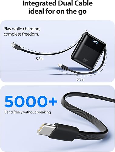 Miniatura 7 de Aioneus Cargador portátil de 10000 mAh, batería de 22.5 W, carga rápida, batería con cables USBC integrados, cargador portátil pequeño banco de