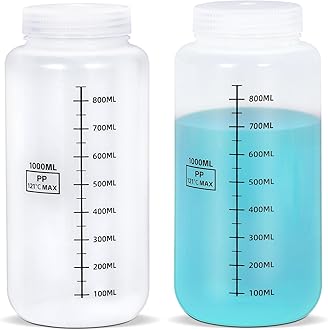 UMETASS 34oz/1000ml Wide Mouth Plastic Bottles with Airtight Lids, Graduated Food Grade Leak Proof PP Containers Jars for Water Sample Lab Reagent Liquid Medicine Storage (Transparent, 2 Pcs)