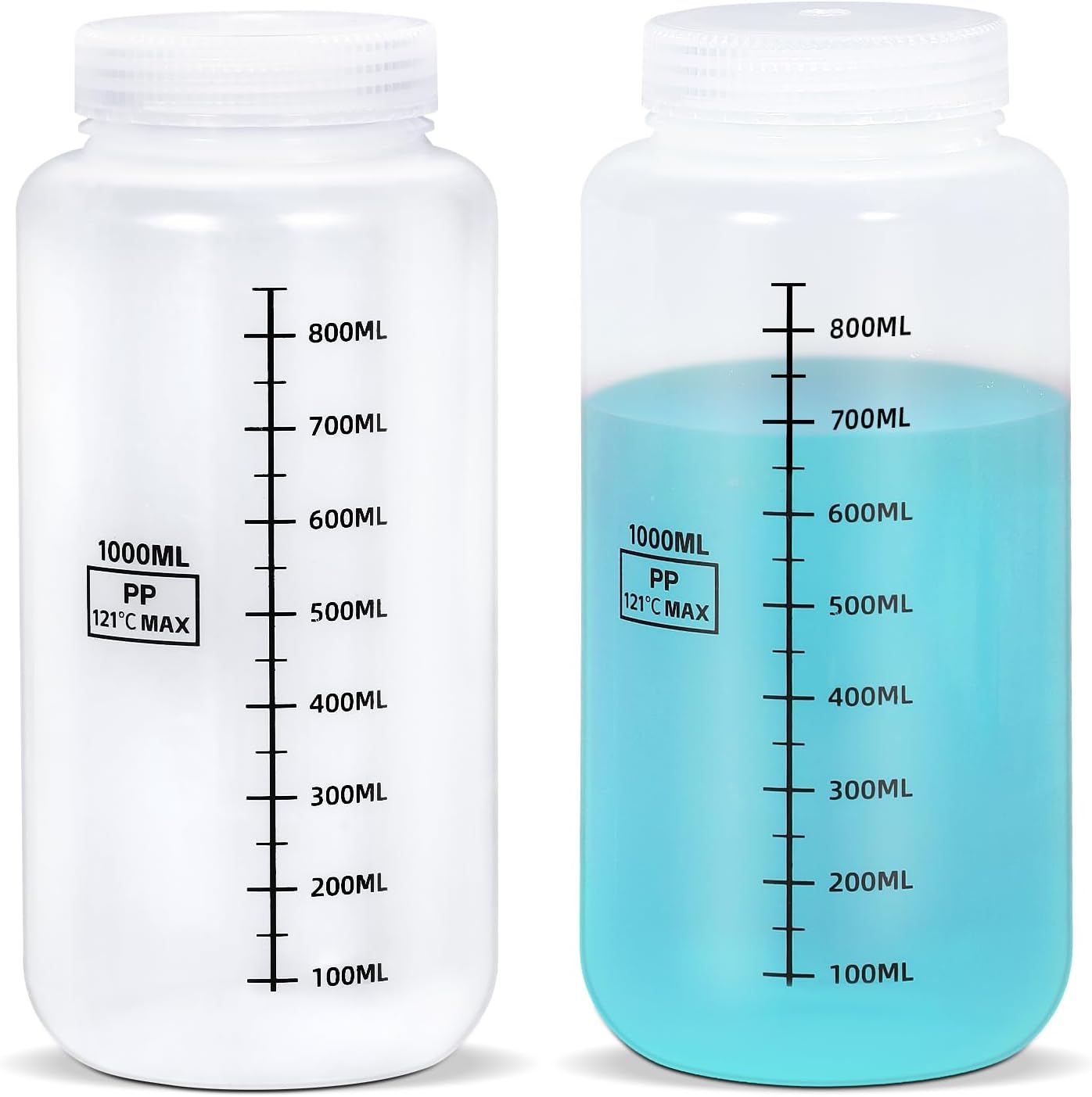 UMETASS 2 Pcs 34oz/1000ml Wide Mouth Reagent Bottles, Plastic Graduated Water Sample Bottles with Caps, Transparent Chemical Liquids Storage Containers for Laboratory Classroom Home Use