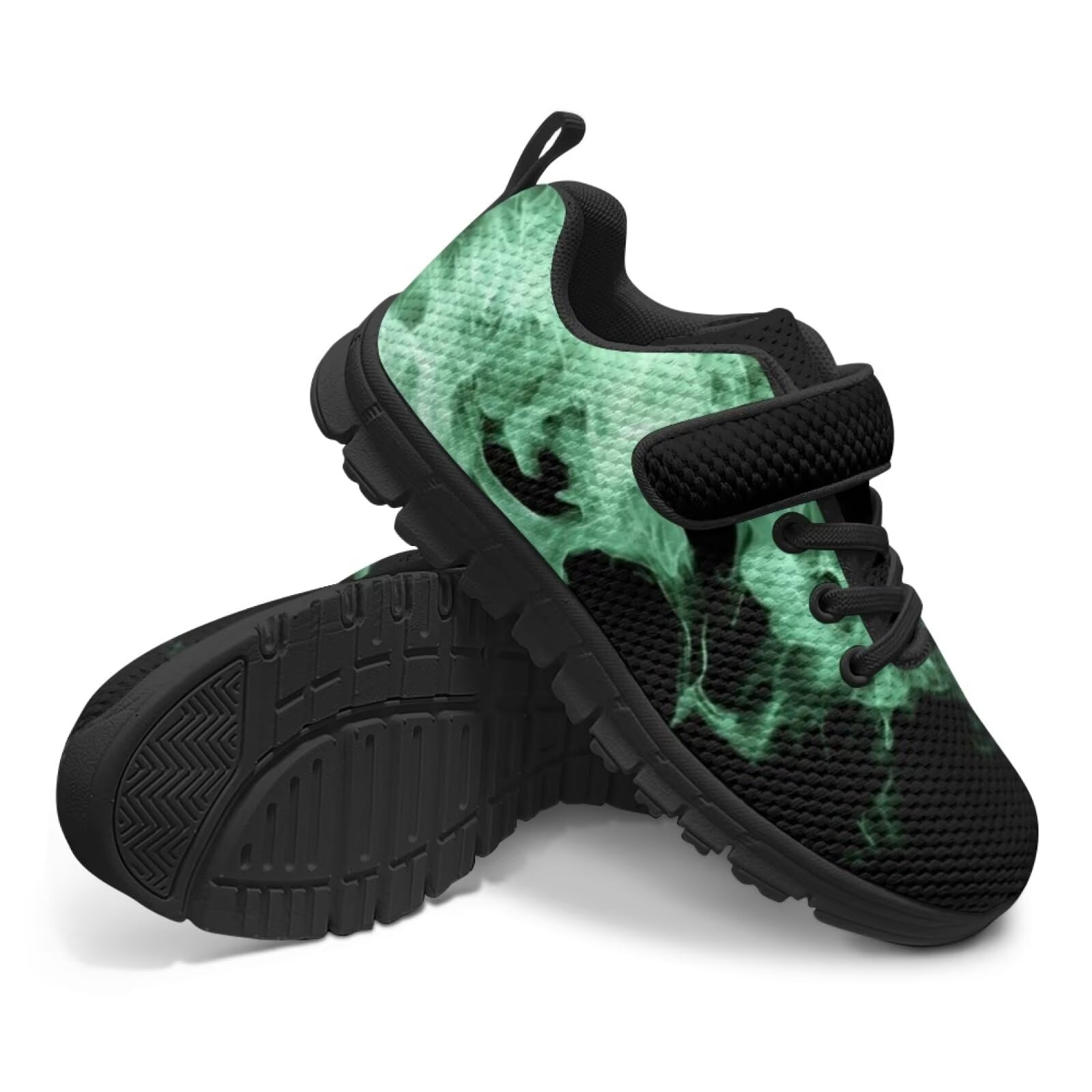 Jndtueit Green Flame Fire Art Print Little Boys Running Barefoot Shoes Primary School Students Tennis Sneakers Wide Hiking Shoes Mesh Walking Strap Shoes Fitness Training Shoes for Kids