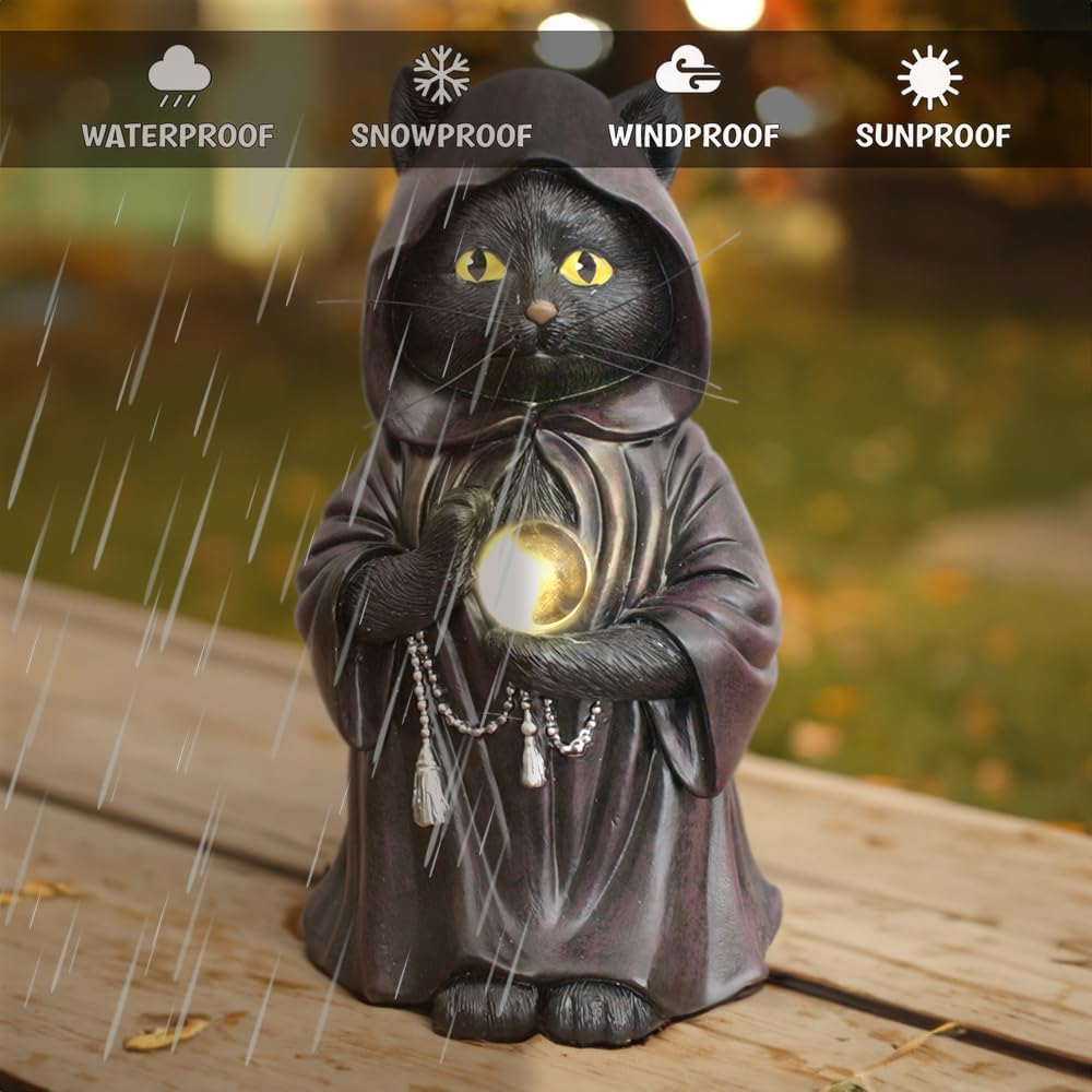 OrnamentallyYou Ominious Black Cat Wizard Figurine, 7" Solar Light Gothic Yard Statue Decor