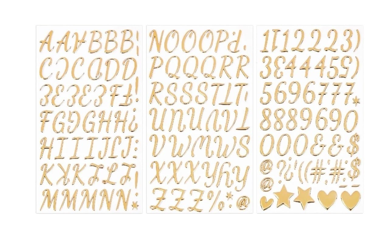 6/18Sheets Gorgeous Gold Letter Stickers - Resin A to Z Numbers 1 to 9 Glitter Letters for Scrapbooking(Set)