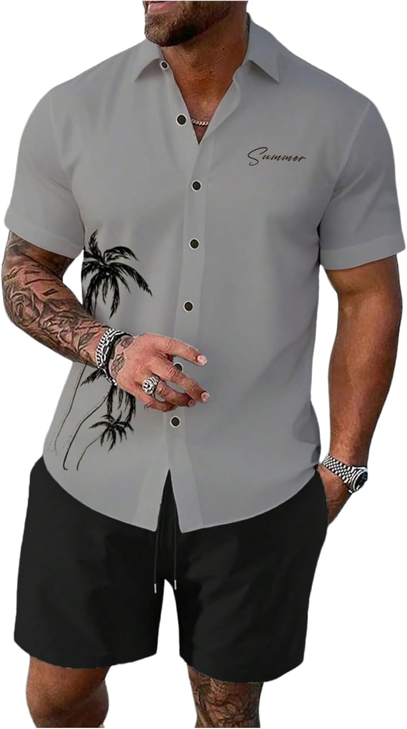 WDIRARA Men’s Hawaiian Matching Set Summer Beach 2 Piece Outfits Tropical print Shirts and Shorts
