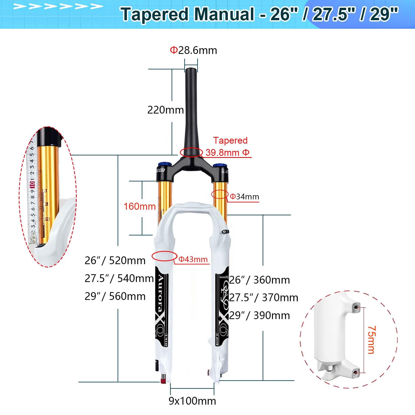 Forcella Ammortizzata AuroraXQ per Biciclette da 26/27,5/29 Pollici, Escursione di 160 mm, per MTB, XC e AM, Regolazione del Ritorno, sgancio rapido QR da 9 mm, Dritta/conica, Ante