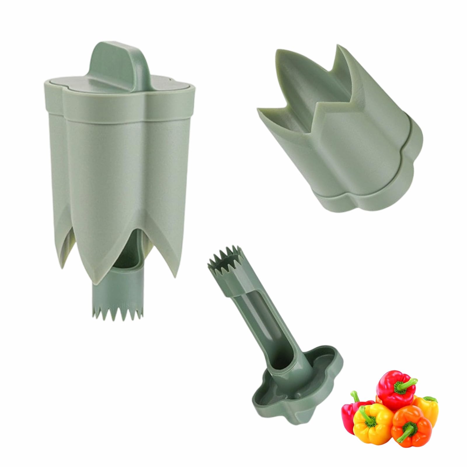Descorazonador de Pimientos 2 en 1 Removedores de Semillas de Pimiento Herramienta para Quitar Semillas para Cocina Hogar Familia Camping (Verde)