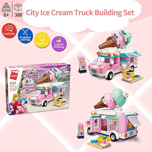 Miniatura 3 de QMAN Juego de juguetes de construcción para niñas, camión de helado rosa, juguete de ladrillos de construcción, juguete de vehículo de venta de