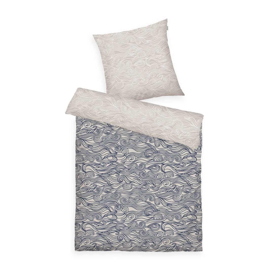 Tom Tailor Soft-Renforcé-Bettwäsche, 80x80 cm + 135x200 cm, 100% Baumwolle/Renforcé, mit Reißverschluss, Waves Beige, Dunkelblau, Weiß (Dark Navy & Sunny Sand & Off White)