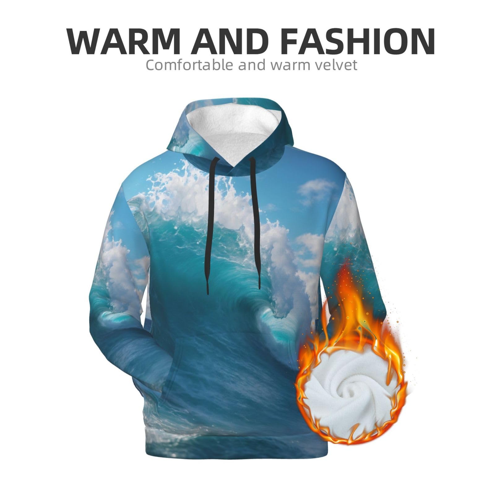 Męska bluza z kapturem z nadrukiem fali morskiej, casualowa grafika z nadrukiem bluzy z kapturem z kieszenią