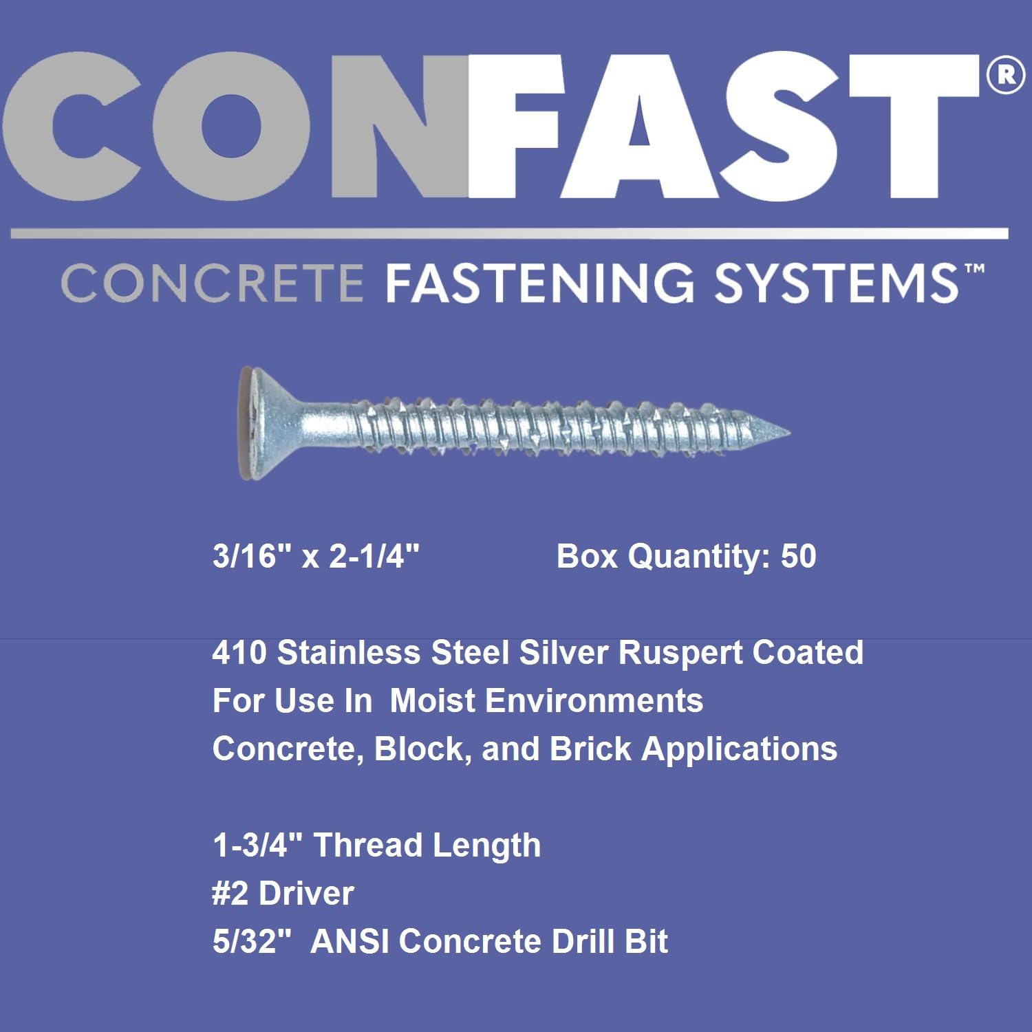 CONFAST 3/16" x 2-1/4" Concrete Screws 410 Stainless Steel Phillips Flat Countersunk with Concrete Drill Bit for Anchoring to Masonry, Block or Brick (50 per Box)