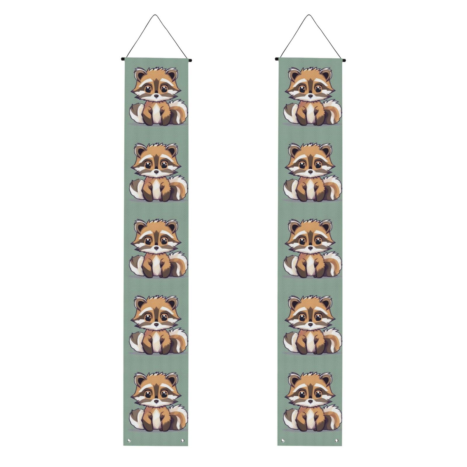 Cartoon cute raccoon Porch Banner 2PCS, Summer Hanging Flag Party Porch Sign Front Door Hanging Decorations for Indoor Outdoor Holiday Yard Decor Wall Backdrop 71 x 12 Inch