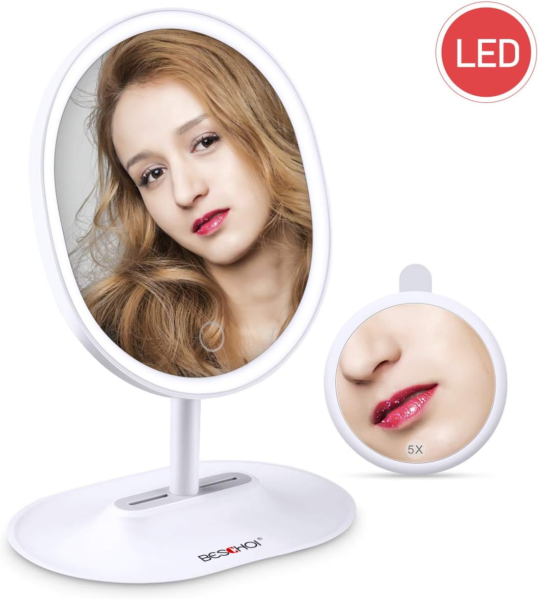 BESCHOI Vanity Mirror, USB Rechargeable Makeup Mirror with Detachable 5X Magnification Spot Mirror, Travel Mirror,120°Adjustable,Touchscreen Dimmable LED Light Fill light Mirror