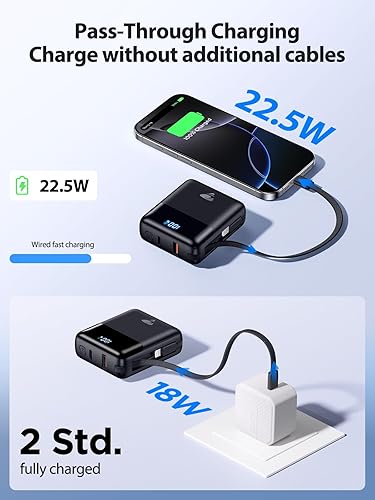 Miniatura 6 de Aioneus Cargador portátil de 10000 mAh, batería de 22.5 W, carga rápida, batería con cables USBC integrados, cargador portátil pequeño banco de
