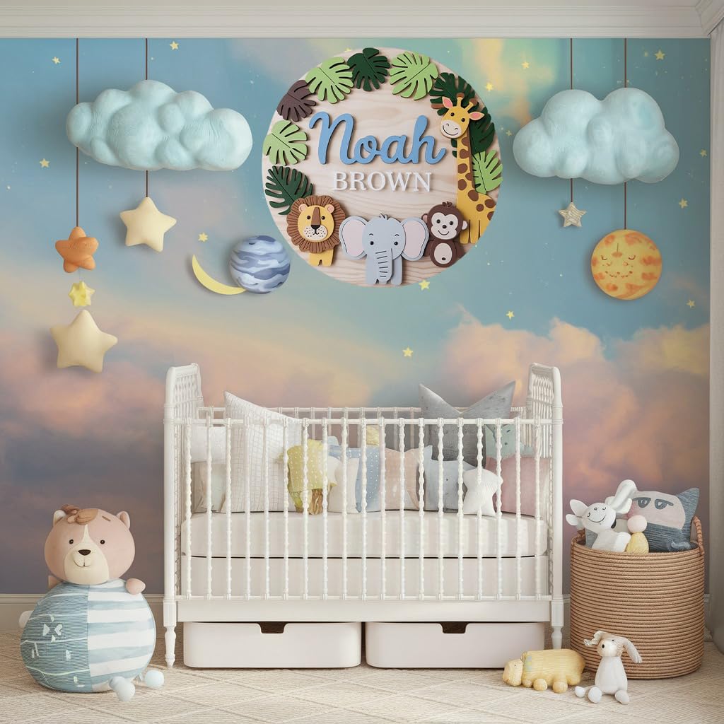 Personalized Nursery Name Sign for Boys, Woodland Animals Sign for Baby Door Decor, Newborn Gifts for Boy, Nursery Wall Bedroom Decorations, Mother's Day Gifts for New Mom Dad Gift