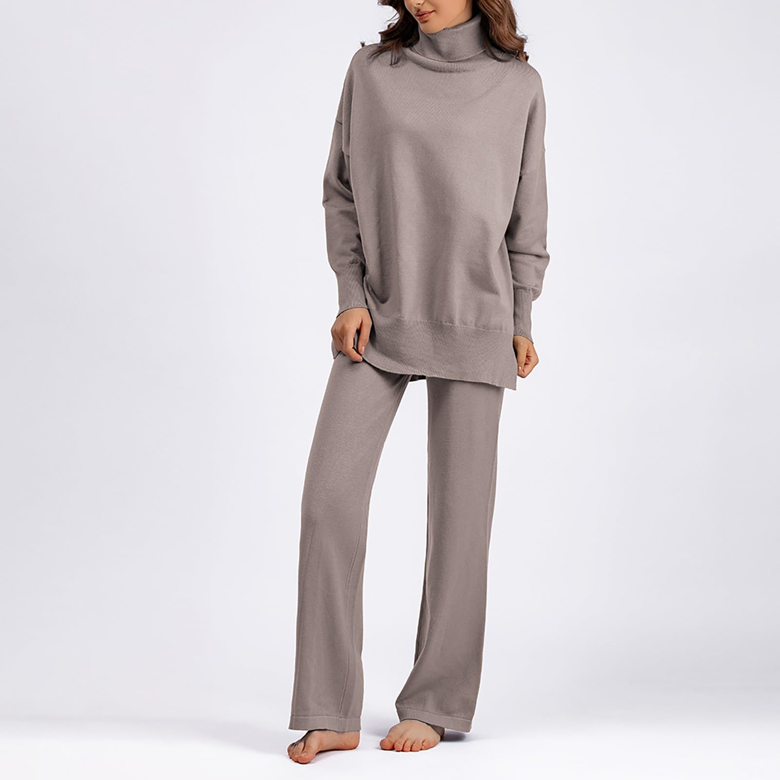 Pigiama da donna, lungo, invernale, a maniche lunghe, in due pezzi, per l'inverno, casual, con colletto alto, a maniche lunghe, 2 pezzi
