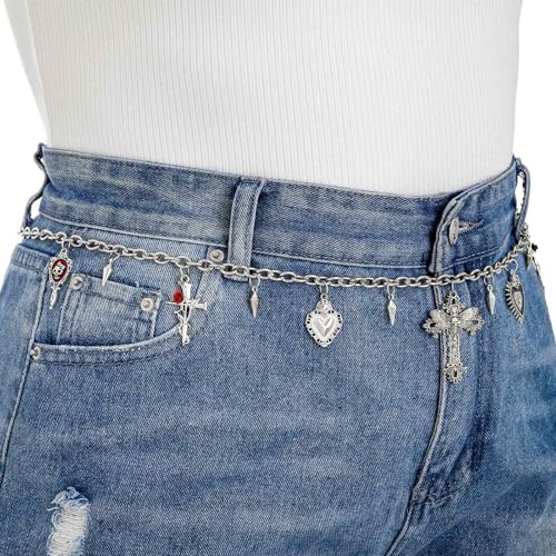 Navoky Goth Waist Chain Y2k Silver Cross Heart Belt Women Charms Skeleton Punk Body Chain for Pants and Dress4