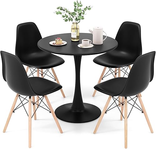 Giantex Juego de mesa de comedor de 5 piezas para 4, juego de mesa de comedor de cocina compacto con mesa redonda de 32 pulgadas y 4 sillas DSW,