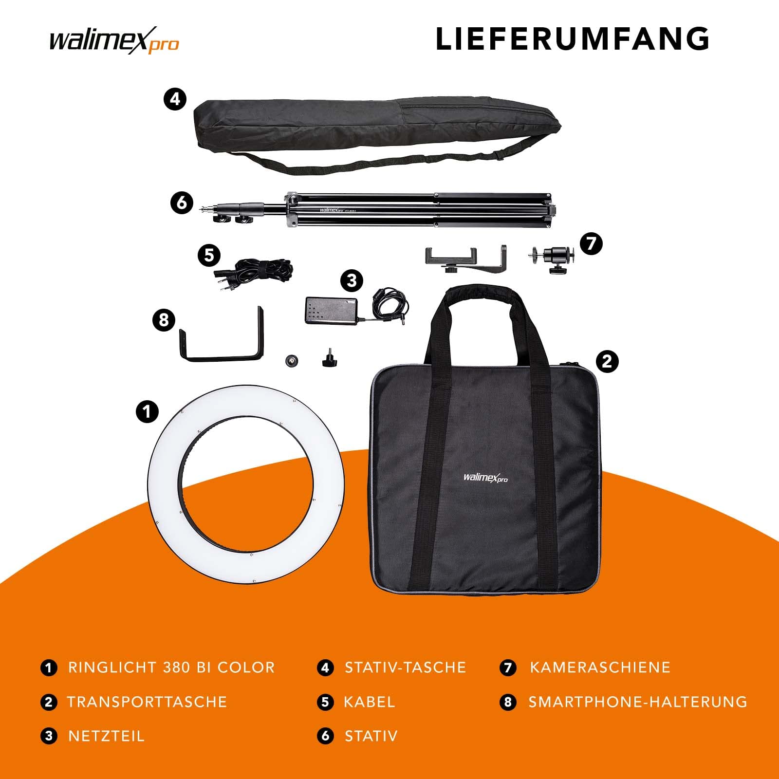 Walimex pro LED Ringleuchte 380 Bi-Color 23 W Set inkl. Stativ, leistungsstarkes Ringlicht mit schaltbaren Sektoren, Leuchtring dimmbar, Videoleuchte mit Zubehör