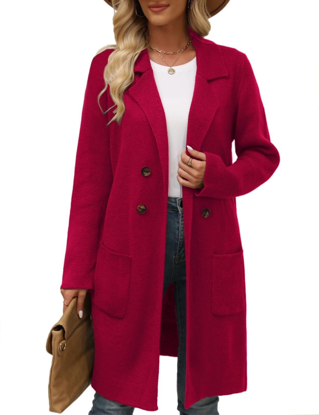 Lockenstab Women's Autumn Long Cardigan Pullover Trendy Cardigan Coat Elegant Blazer Coat, red, XL