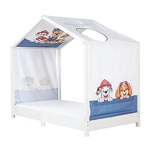 Funda roba para camas Montessori tipo casita 70 x 140 cm con diseño Paw Patrol - Accesorio para cama con dosel - Incluye 3 bolsillos y ventana en el techo
