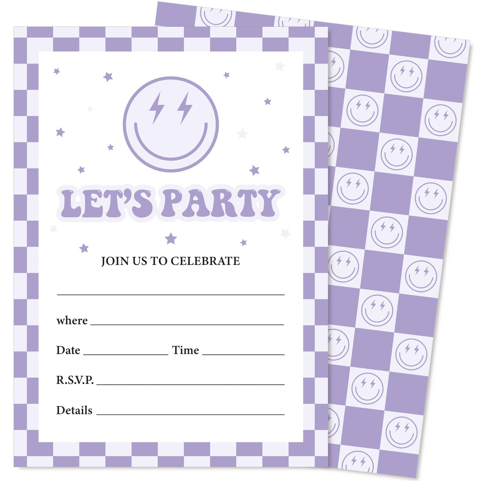 25 Set Smile Face Party Invitations with Envelopes Retro Light Purple Checkered Happy Face Paper Invites for Birthday Celebration Party Decor, 5 x 7 Inch