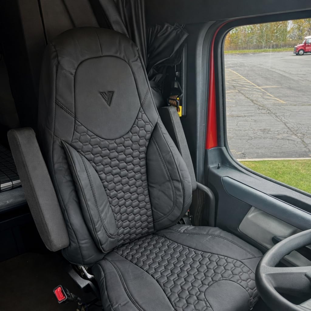 Seat Cover Compatible with Freightliner Cascadia Factory OEM Seat – 33″ High Back, Custom Fit Faux Leather, Durable & Easy to Clean, Professional Interior Protection (Black/Black)