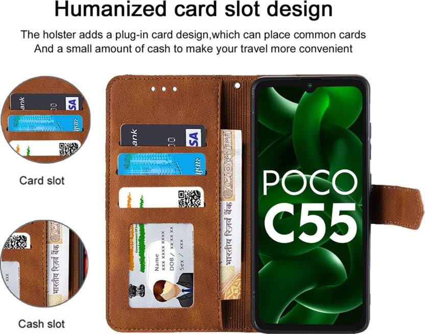 Image of RAHISHI Flip Cover Compatible for Poco C55|MZB0DDTIN|MZB0DDKIN|MZB0DDRIN|MZB0DDLIN|MZB0DDPIN Back Cover Soft Silicon TPU Flip Cover Executive Brown, Magnetic Closure