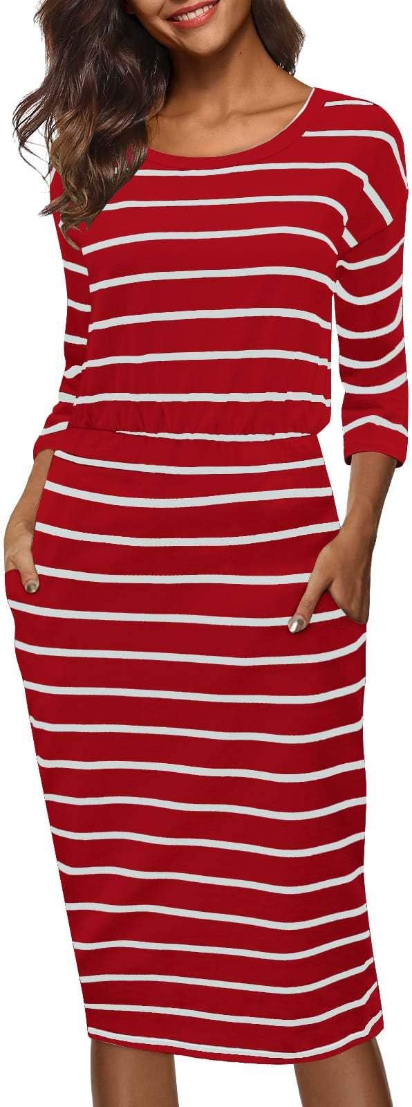 Moyabo Women's 3/4 Sleeve Round Neck Hips-Wrapped Casual Office Pencil Dress