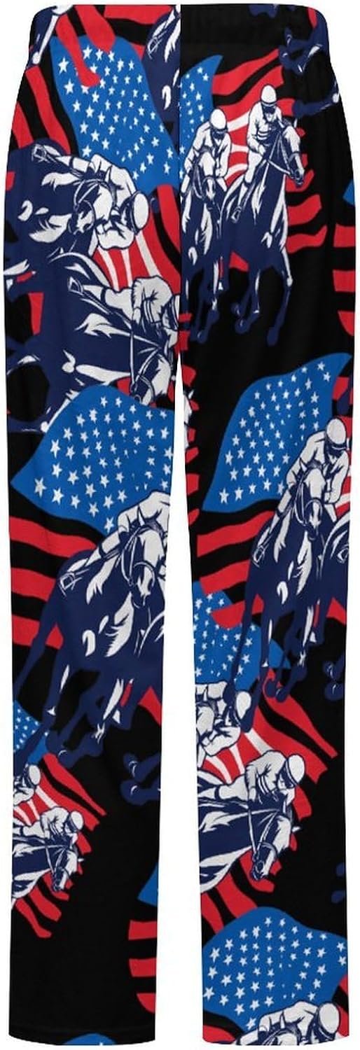 USA Flag Horse Racing Equestrian Women's Pajamas Flannel Pajama Pant Lounge Bottoms Sleepwear Nightwear for Home