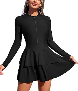 ZAFUL Women's One Piece Rash Guard Long Sleeve Modest Swimsuits Dress Zipper Bathing Suit