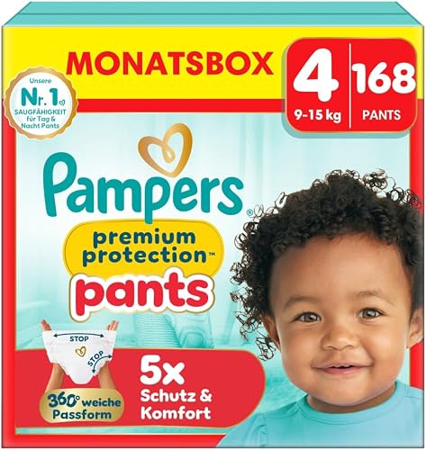 Pampers Premium Protection Pants Size 4, 168 Nappies, 9 kg - 15 kg, with 360° Fit and 2 x Wider Cuffs than Before for Our Best Comfort and Protection