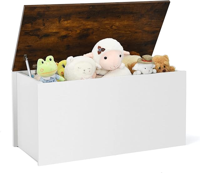 GYMAX Wooden Toy Box, Kids Storage Chest with Lid, Safety Hinges & Groove Handle, 2 In 1 Children Bench for Playroom Bedroom
