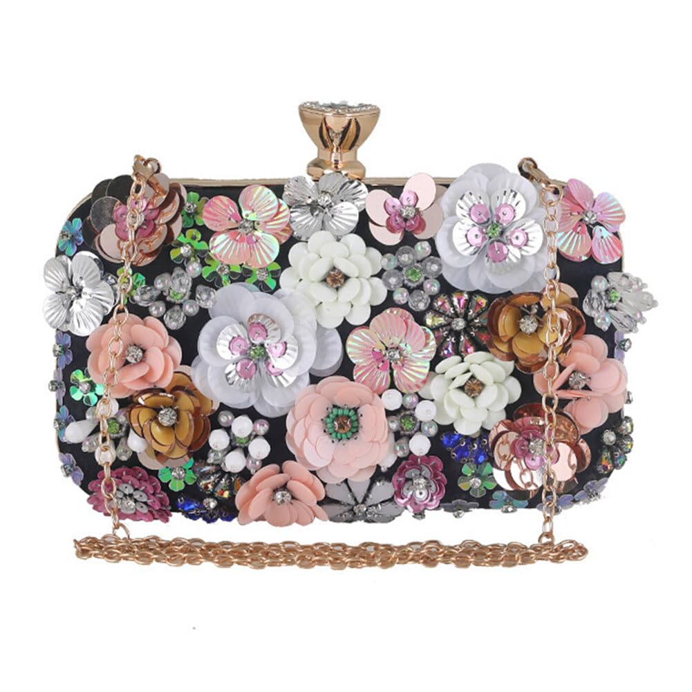 Sequins Floral Handbag Rose Nude Clutch Purses Evening Handbags for Women Wedding Prom Banquet Party Fashion Bag (Black)