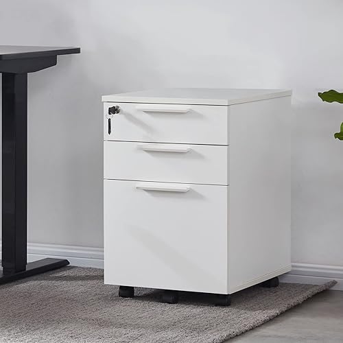 Farini Archivador móvil de 3 cajones con cerradura pedestal de madera premontado debajo del escritorio archivadores de esquina para oficina en casa