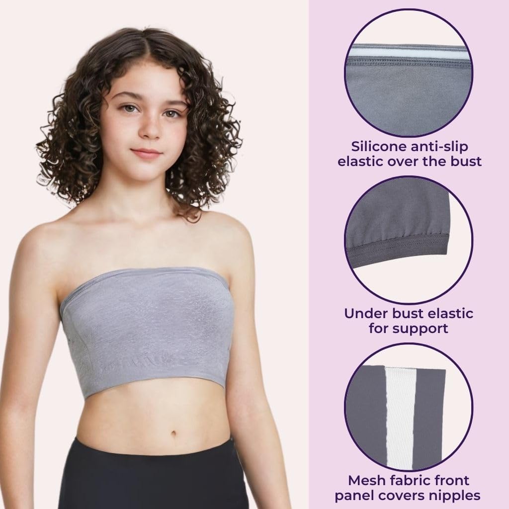 Adira | Non Padded Strapless Bra | Teens Tube Bra | Slip On Style | 3 Layer Front Panel Conceals Nipples | Silicone Anti Slip Band Prevents Slipping | Pack of 1 | Grey | S - Image 2 thumbnail
