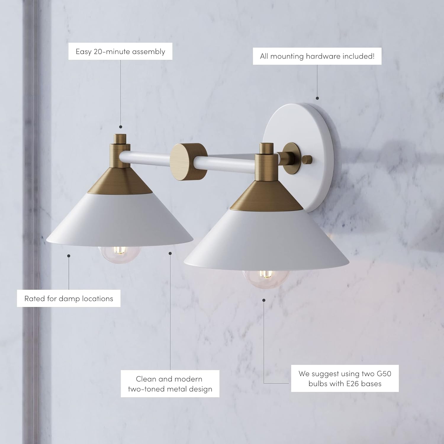 Frank 19'' White and Brass 2-Light Vanity Fixture