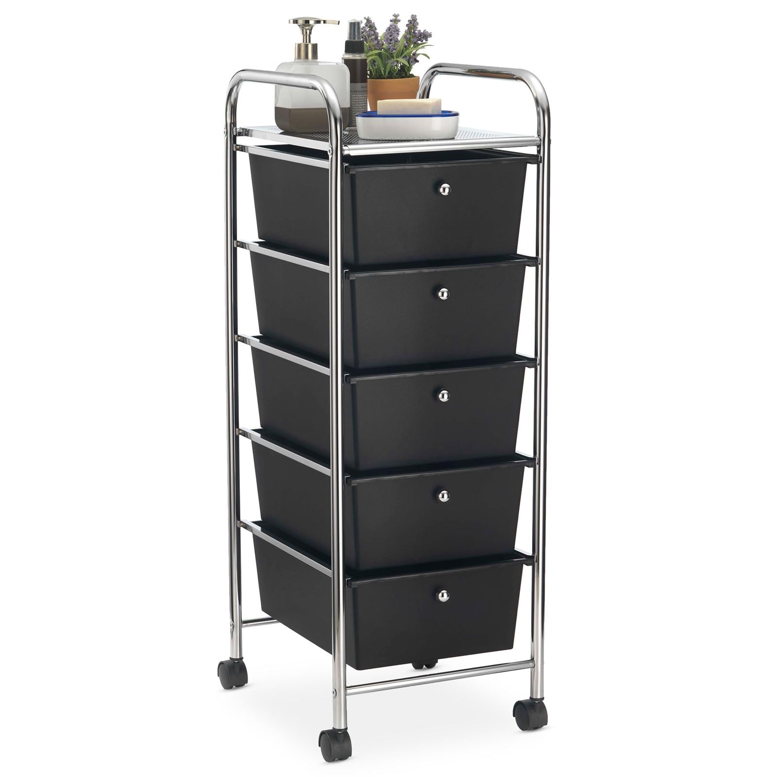 IDIMEX Caisson sur roulettes GINA Chariot avec 5 tiroirs en Plastique Noir et 1 étagère, Meuble de Rangement pour Salle de Bain en métal chromé