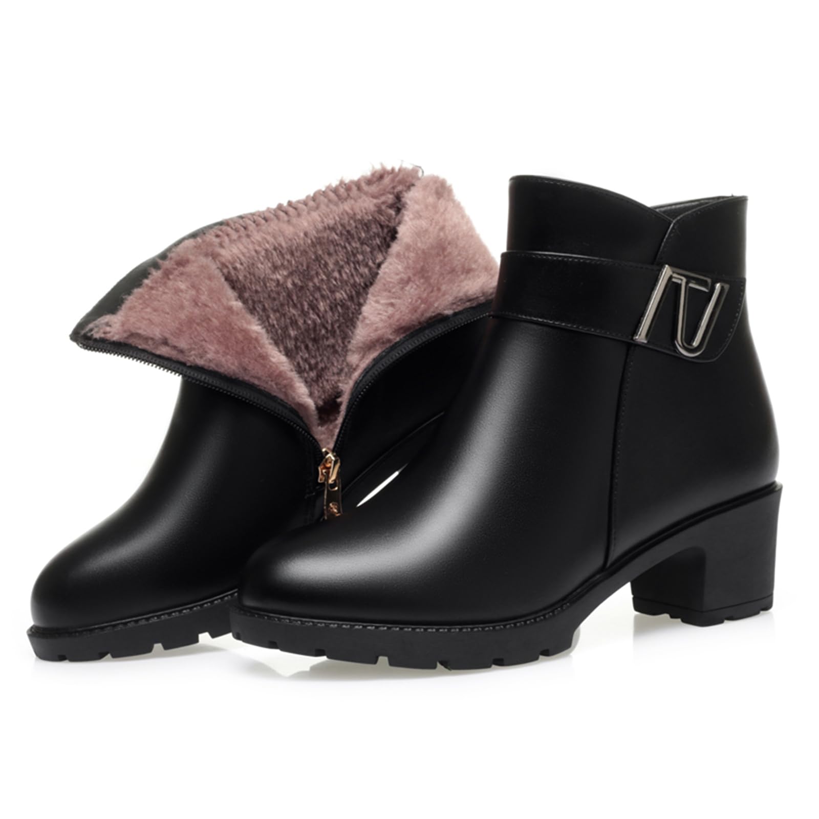 Womens Winter Ankle Boots Waterproof Warm Round Toe Chunky Heel Side Zipper Fur Lined Soft Sole Work Snow
