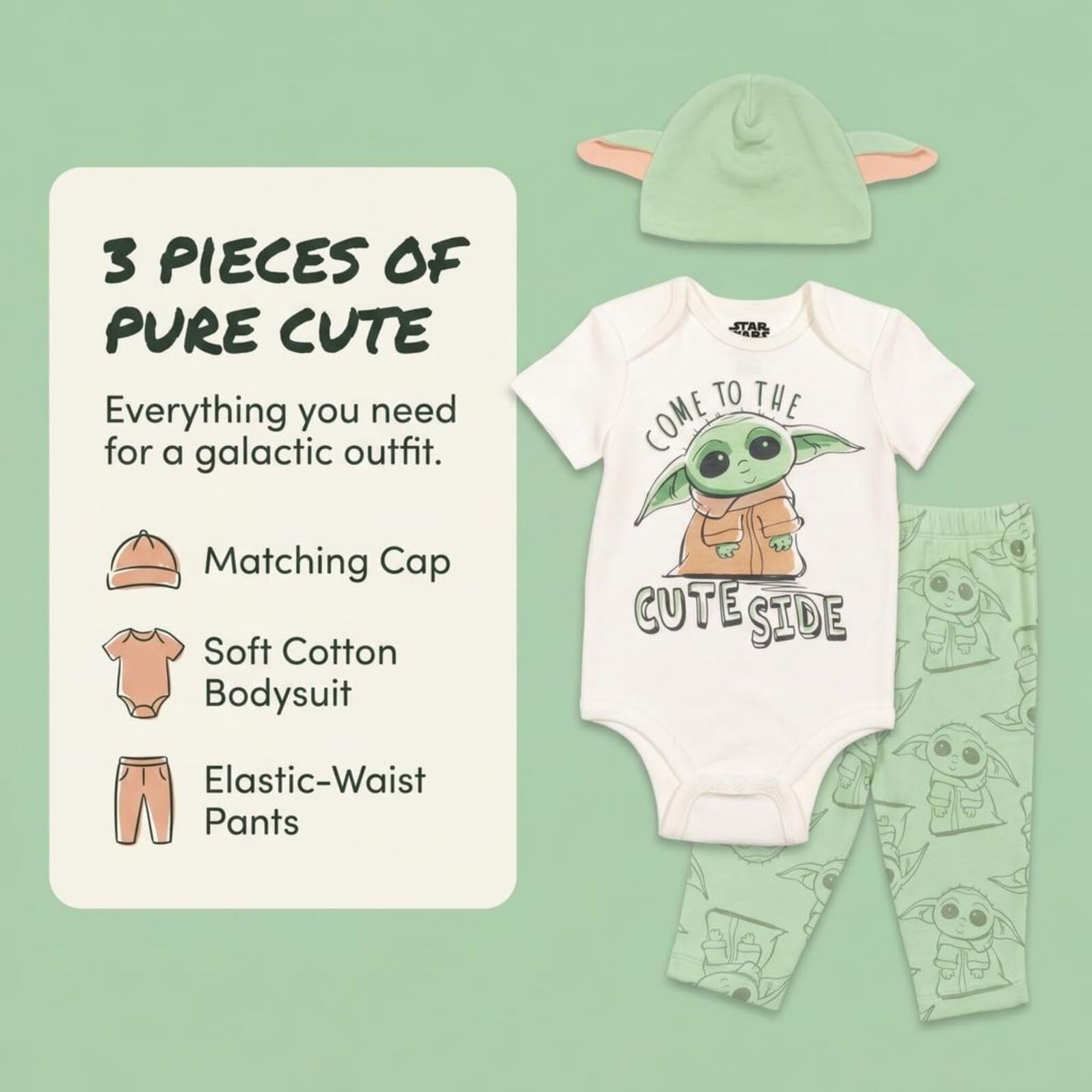 Star Wars Mandalorian Baby Yoda Baby Boys 3 Piece Outfit Set: Bodysuit Pants Hat 0-3 Months