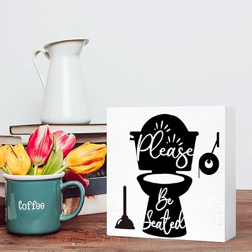 Miniatura 5 de SJNH Divertido letrero de madera para baño, con texto en inglés "Please be Seat", letrero de bloque de madera para estante de baño, inodoro, baño,