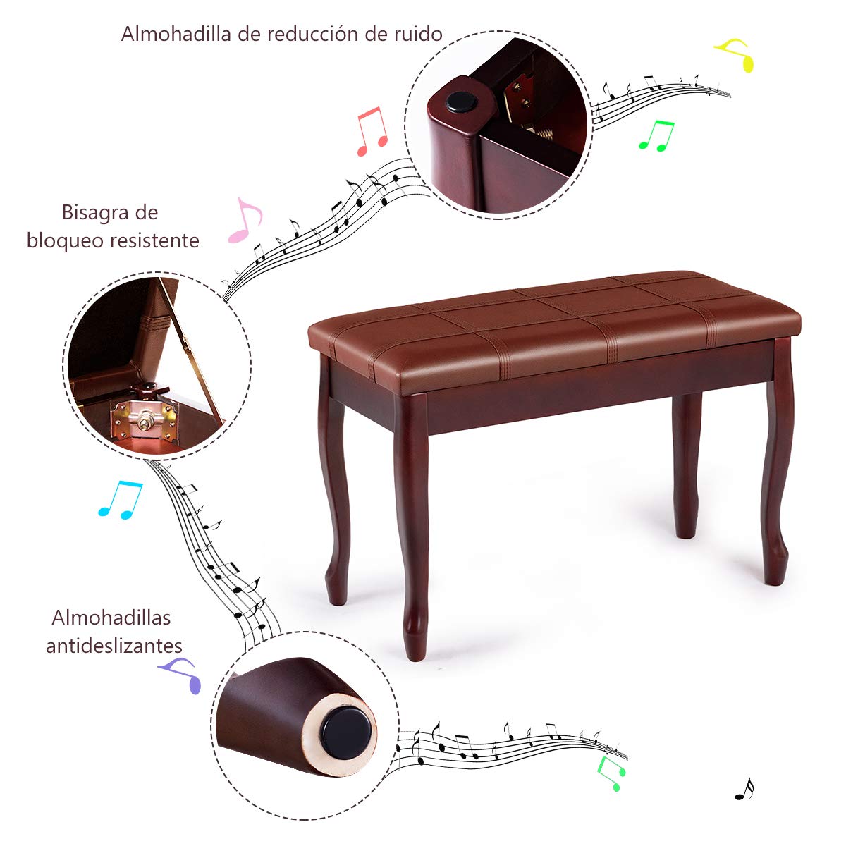 COSTWAY Banco para Piano de Madera y Cojín Acolchado Taburete de Piano con Compartimento Banco para Teclado de 75x35x49 centímetros (café)