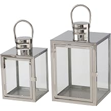 BOLTZE Kiruna 2049901 Lantern Set of 2 Silver Glass/Metal L 14-18 cm W 14-18 cm H 24-29 cm Square Shape with Handle Decorative Lantern Candle Holder